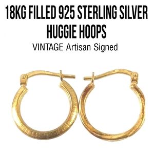 14k GOLD FILLED STERLING SILVER MINI HOOP EARRINGS 0.6 G Vintage Signed "mom"
